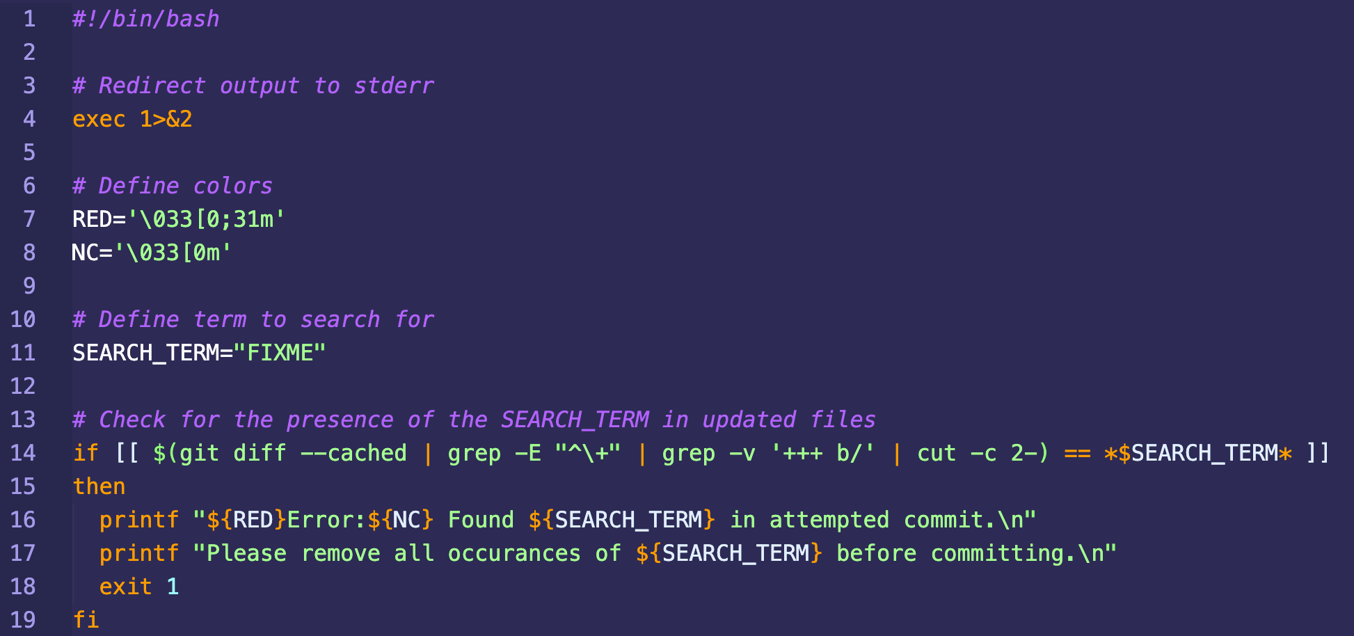 Code snippet for a Git hook