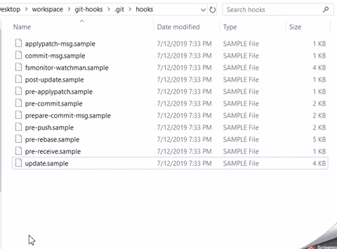 Gif showing the creation of a new Git hook file