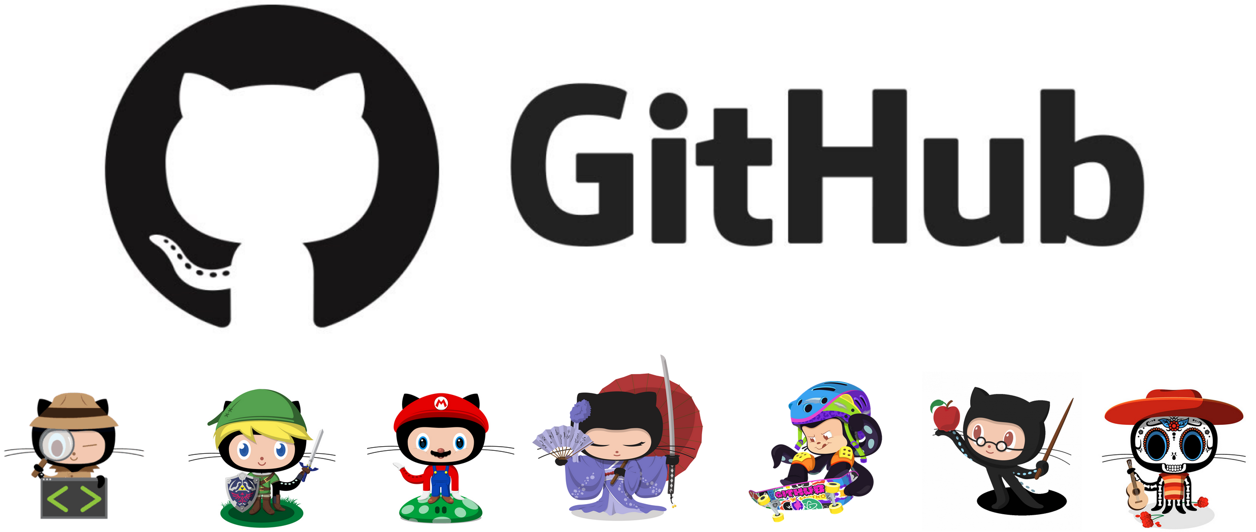 GitHub logo and several GitHub cartoon character drawings